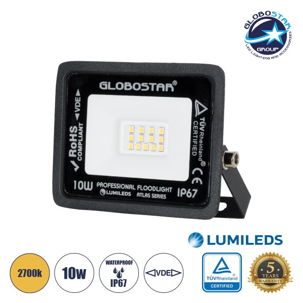 GloboStar® ATLAS 61517 Επαγγελματικός Προβολέας LED 10W 1150lm 120° AC 220-240V - Αδιάβροχος IP67 - Μ10 x Π2 x Υ8cm - Μαύρο - Θερμό Λευκό 2700K - LUMILEDS Chips - TÜV Rheinland Certified - 5 Χρόνια Εγγύηση