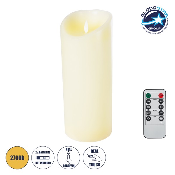 GloboStar® FIREFLAME 79544 Διακοσμητικό Realistic Κερί Παραφίνης με LED Εφέ Κινούμενης Φλόγας - Μπαταρίας & Ασύρματο Χειριστήριο IR Θερμό Λευκό 2700K Dimmable - Φ10 x Υ25cm