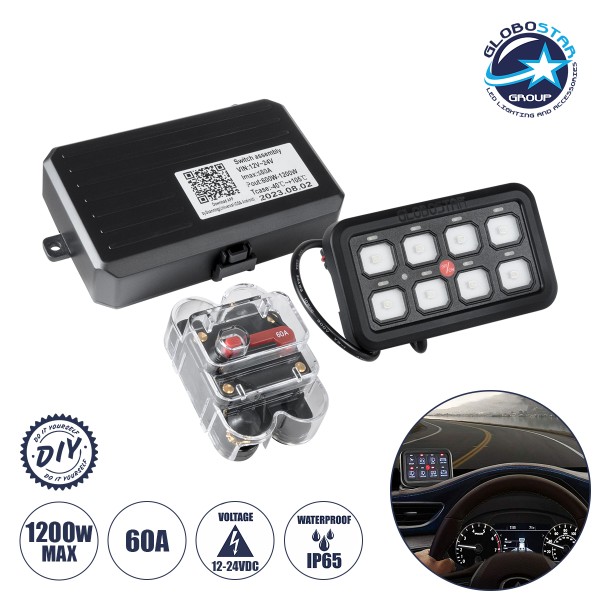 GloboStar® 81503 Ψηφιακό Πάνελ Ελέγχου Φωτισμού DIY Bluetooth για Οχήματα με 8 Διακόπτες On/Off DC 12-24V Max 1200W 60A Αδιάβροχο IP65 Μ12 x Π7 x Υ1.5cm - 2 Χρόνια Εγγύηση