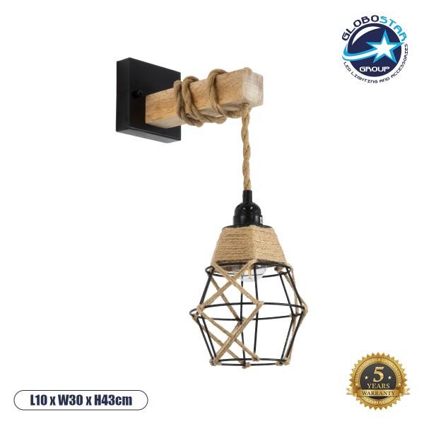 GloboStar® BELLARIVA 01961 Boho Φωτιστικό Τοίχου - Απλίκα Μονόφωτο 1 x E27 AC 220-240V IP20 - Μ10 x Π30 x Υ43cm - Μαύρο Μεταλλικό με Ξύλο και Μπεζ Σχοινί Πλεγμα - 5 Χρόνια Εγγύηση