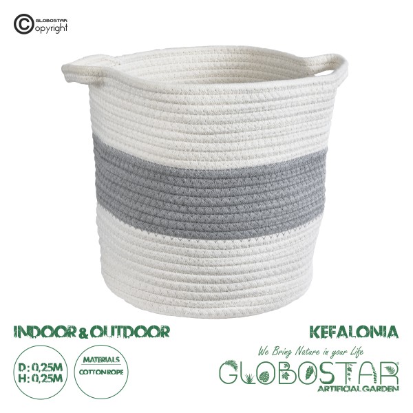 GloboStar® Artificial Garden KEFALONIA 20322 Διακοσμητικό Πλεκτό Καλάθι - Κασπώ Γλάστρα - Flower Pot Λευκό με Γκρι Φ25 x Υ25cm