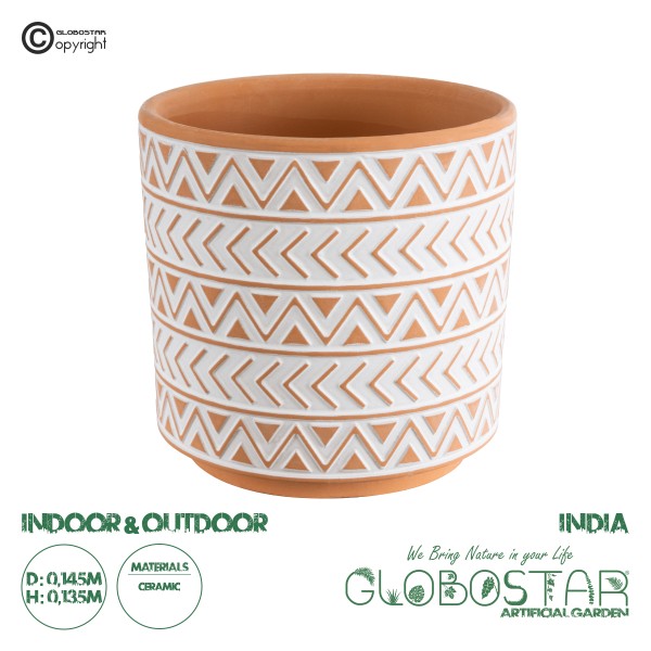 GloboStar® Artificial Garden INDIA 20497 Διακοσμητικό Κεραμικό Κασπώ Γλάστρα - Flower Pot Λευκό με Πορτοκαλί Φ14.5 x Υ13.5cm
