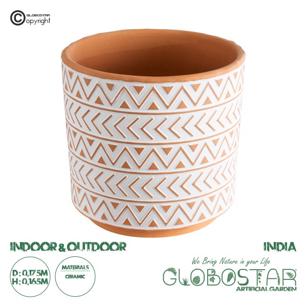 GloboStar® Artificial Garden INDIA 20498 Διακοσμητικό Κεραμικό Κασπώ Γλάστρα - Flower Pot Λευκό με Πορτοκαλί Φ17.5 x Υ16.5cm