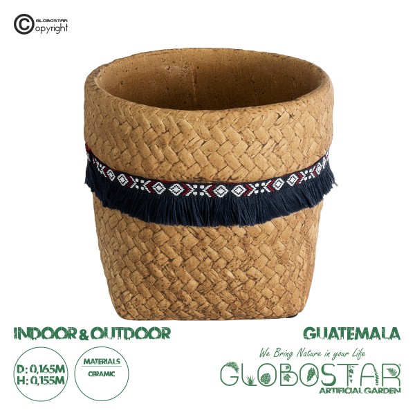 GloboStar® Artificial Garden GUATEMALA 20503 Διακοσμητικό Κεραμικό Κασπώ Γλάστρα - Flower Pot Καφέ με Μπλε Υφασμάτινη Κορδέλα και Λευκές - Κόκκινες Λεπτομέρειες Φ16.5 x Υ15.5cm