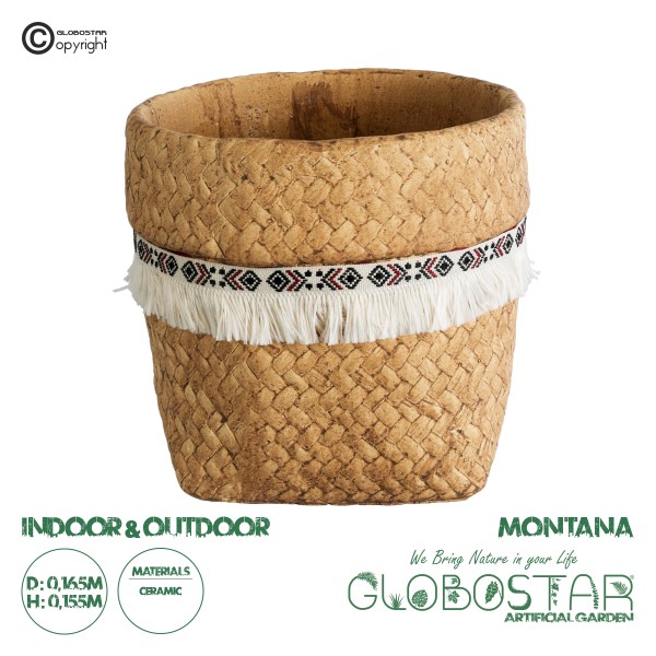 GloboStar® Artificial Garden MONTANA 20504 Διακοσμητικό Κεραμικό Κασπώ Γλάστρα - Flower Pot Καφέ με Λευκή Υφασμάτινη Κορδέλα και Μαύρες - Κόκκινες Λεπτομέρειες Φ16.5 x Υ15.5cm