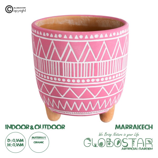 GloboStar® Artificial Garden MARRAKECH 20505 Διακοσμητικό Κεραμικό Κασπώ Γλάστρα - Flower Pot Ροζ με Λευκό Φ16 x Υ16cm