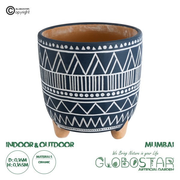GloboStar® Artificial Garden MUMBAI 20508 Διακοσμητικό Κεραμικό Κασπώ Γλάστρα - Flower Pot Μπλε με Λευκό Φ16 x Υ16.5cm