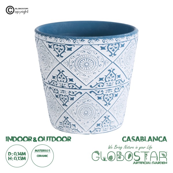GloboStar® Artificial Garden CASABLANCA 20517 Διακοσμητικό Κεραμικό Κασπώ Γλάστρα - Flower Pot Λευκό με Μπλε Φ14 x Υ13cm