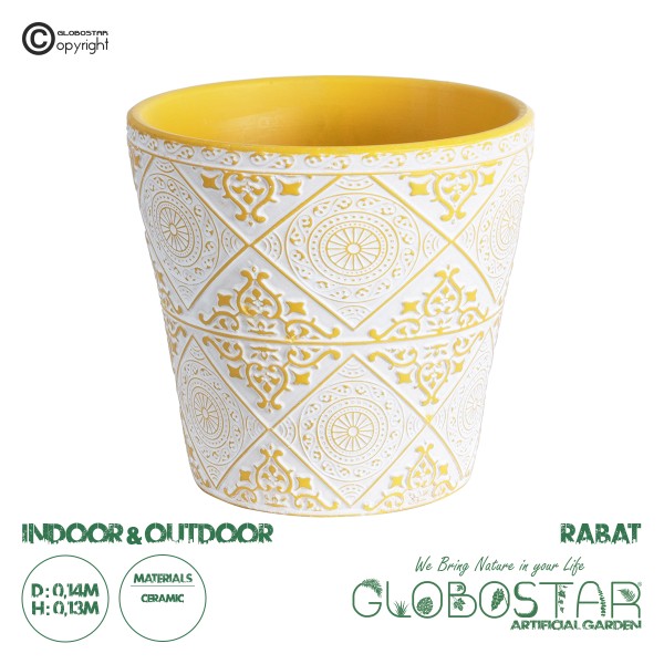 GloboStar® Artificial Garden RABAT 20518 Διακοσμητικό Κεραμικό Κασπώ Γλάστρα - Flower Pot Λευκό με Κίτρινο Φ14 x Υ13cm