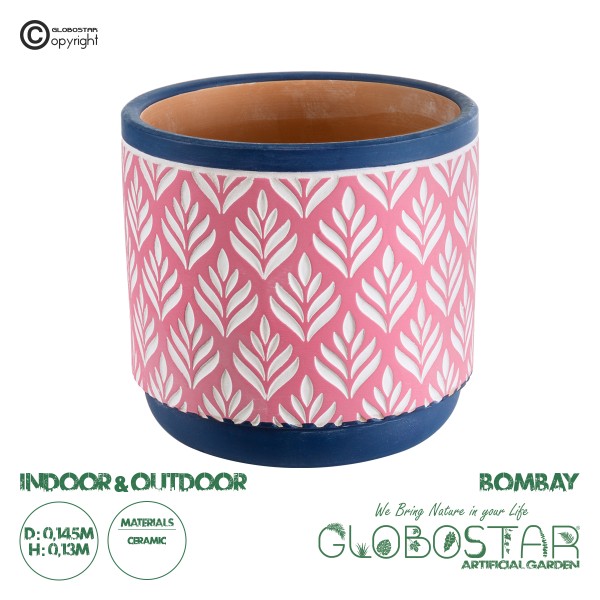 GloboStar® Artificial Garden BOMBAY 20521 Διακοσμητικό Κεραμικό Κασπώ Γλάστρα - Flower Pot Ροζ με Λευκό και Μπλε Φ14.5 x Υ13cm