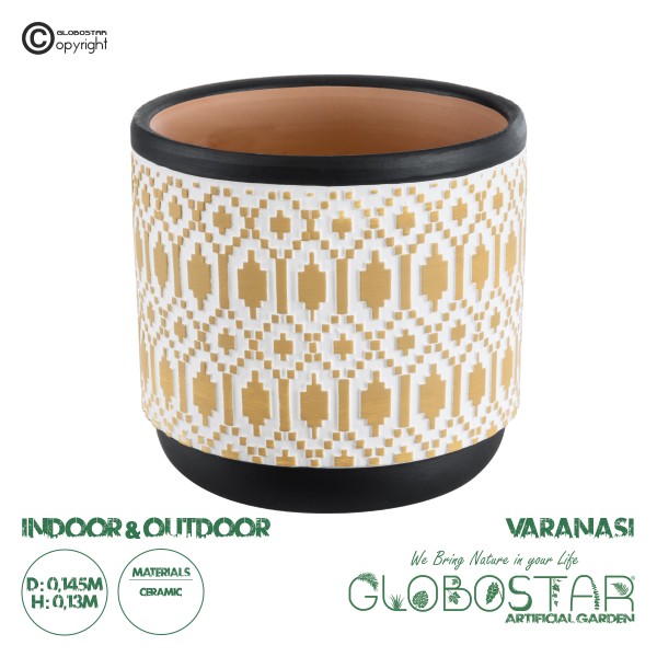 GloboStar® Artificial Garden VARANASI 20524 Διακοσμητικό Κεραμικό Κασπώ Γλάστρα - Flower Pot Χρυσό με Λευκό και Μαύρο Φ14.5 x Υ13cm