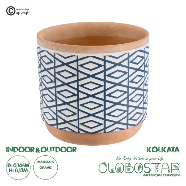 GloboStar® Artificial Garden KOLKATA 20525 Διακοσμητικό Κεραμικό Κασπώ Γλάστρα - Flower Pot Λευκό με Μπλε και Μπεζ Φ14.5 x Υ13cm