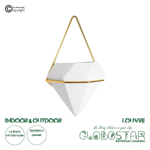 GloboStar® Artificial Garden LOUVRE 20533 Διακοσμητικό Κεραμικό Κασπώ Γλάστρα - Flower Pot Λευκό με Χρυσό Μ15 x Π8 x Υ24cm