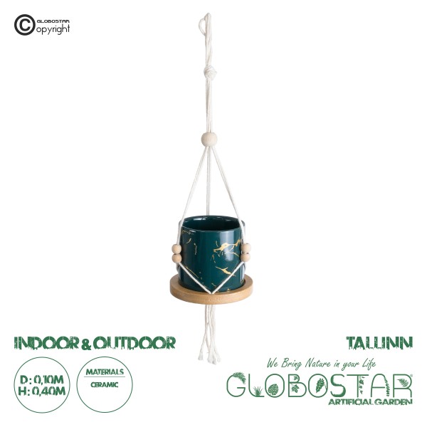 GloboStar® Artificial Garden TALLINN 20546 Κρεμαστό Διακοσμητικό Κεραμικό Κασπώ Γλάστρα - Flower Pot Πράσινο με Χρυσές Λεπτομέρειες και Μπεζ Ξύλινη Βάση Φ10 x Υ40cm