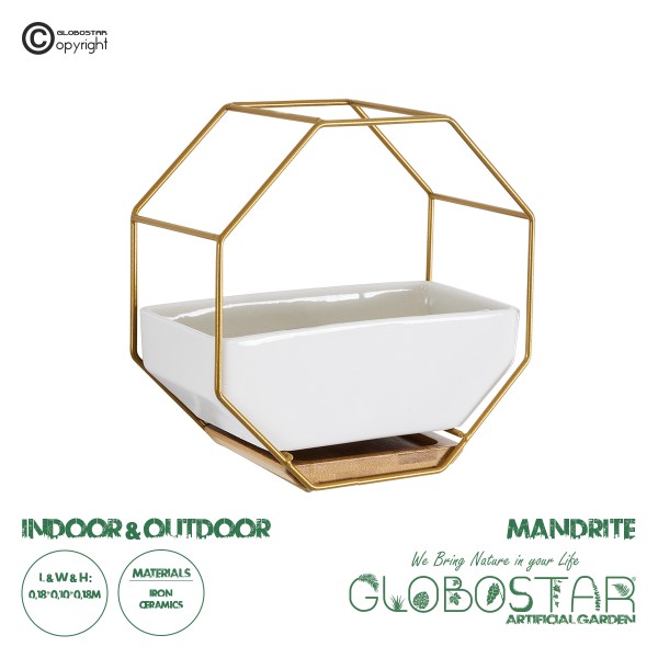 GloboStar® Artificial Garden MANDRITE 20556 Διακοσμητικό Κεραμικό Κασπώ Γλάστρα - Flower Pot Λευκό με Χρυσό Μεταλλικό Πλέγμα και Καφέ Ξύλινη Βάση Μ18 x Π10 x Υ18cm