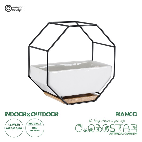 GloboStar® Artificial Garden BIANCO 20557 Διακοσμητικό Κεραμικό Κασπώ Γλάστρα - Flower Pot Λευκό με Μαύρο Μεταλλικό Πλέγμα και Καφέ Ξύλινη Βάση Μ18 x Π10 x Υ18cm