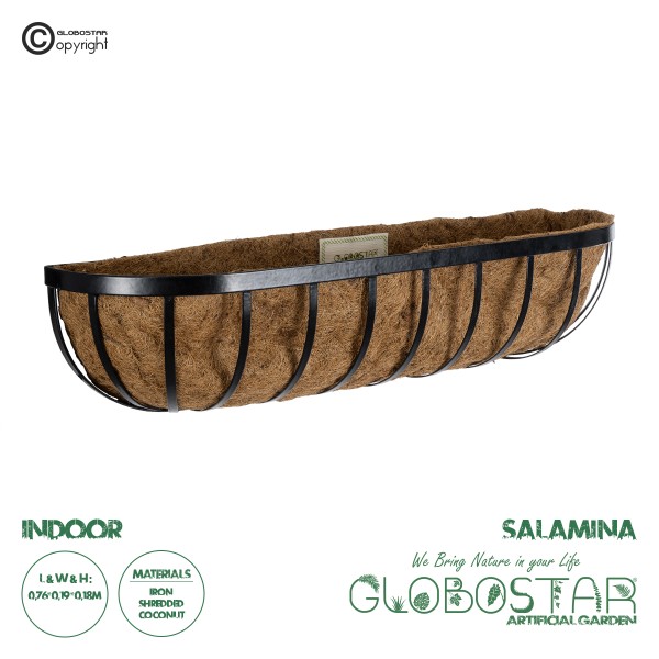 GloboStar® Artificial Garden SALAMINA 20561 Κρεμαστό Διακοσμητικό Κασπώ Γλάστρα - Flower Pot από Φλοιό Καρύδας Καφέ με Μαύρη Μεταλλική Βάση Μ76 x Π19 x Υ18cm