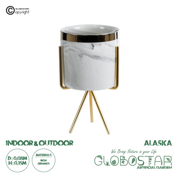 GloboStar® Artificial Garden ALASKA 20565 Διακοσμητικό Κεραμικό Κασπώ Γλάστρα - Flower Pot Λευκό με Χρυσή Μεταλλική Βάση και Μαύρες Λεπτομέρειες Φ8 x Υ15cm
