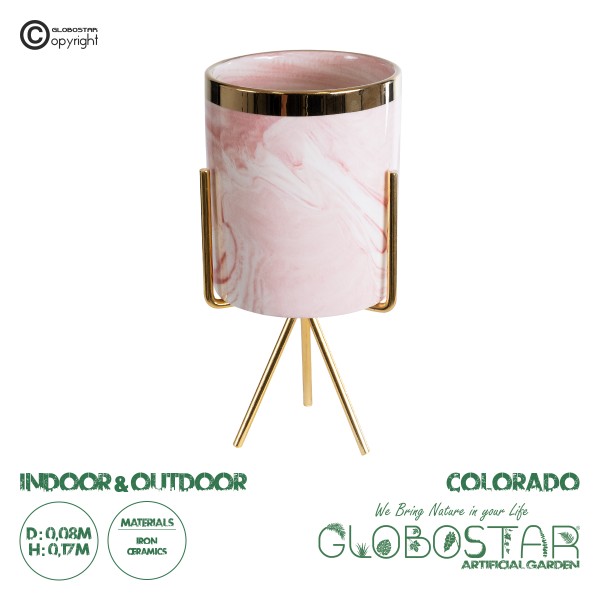 GloboStar® Artificial Garden COLORADO 20566 Διακοσμητικό Κεραμικό Κασπώ Γλάστρα - Flower Pot Ροζ με Χρυσή Μεταλλική Βάση και Λευκές Λεπτομέρειες Φ8 x Υ17cm