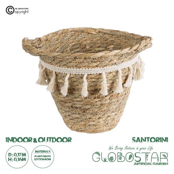 GloboStar® Artificial Garden SANTORINI 20572 Διακοσμητικό Πλεκτό Κασπώ Γλάστρα - Flower Pot Μπεζ με Λευκό Φ17 x Υ16cm