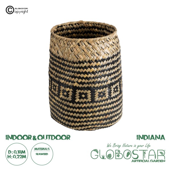 GloboStar® Artificial Garden INDIANA 20584 Διακοσμητικό Πλεκτό Καλάθι - Κασπώ Γλάστρα - Flower Pot Καφέ με Μαύρο Φ18 x Υ22cm