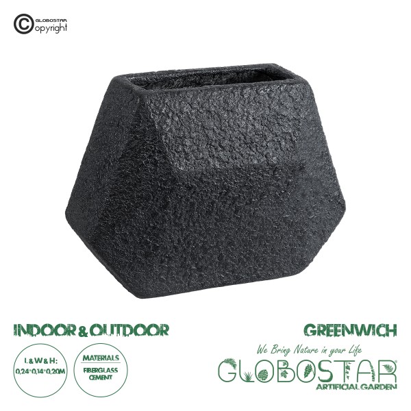 GloboStar® Artificial Garden GREENWICH 20787 Επιδαπέδιο Πολυεστερικό Τσιμεντένιο Κασπώ Γλάστρα - Flower Pot Μαύρο Μ24 x Π14 x Υ20cm