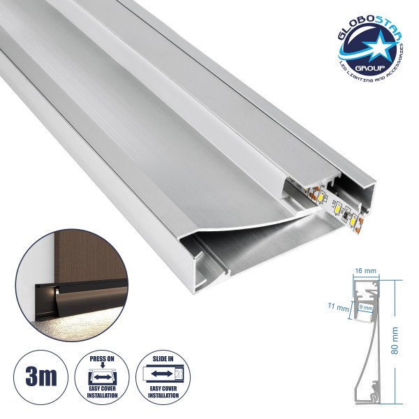 GloboStar® SKIRTINGBOARD-PROFILE 70850-3M Προφίλ Αλουμινίου - Βάση & Ψύκτρα Ταινίας LED με Λευκό Γαλακτερό Κάλυμμα - Επιφανειακή Χρήση για Περβάζι - Πατητό Κάλυμμα - Ασημί - 3 Μέτρα - Μ300 x Π1.6 x Υ8cm