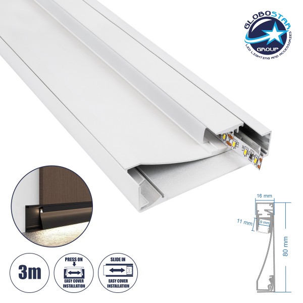 GloboStar® SKIRTINGBOARD-PROFILE 70851-3M Προφίλ Αλουμινίου - Βάση & Ψύκτρα Ταινίας LED με Λευκό Γαλακτερό Κάλυμμα - Επιφανειακή Χρήση για Περβάζι - Πατητό Κάλυμμα - Λευκό - 3 Μέτρα - Μ300 x Π1.6 x Υ8cm