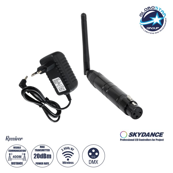 GLOBOSTAR® SKYDANCE-DM-WR 71578 DMX512 Ασύρματος Δέκτης RF 2.4Ghz ISM GFSK 20dBm 400m Θηλυκό XLR3 DC 5V IP20 - Μ1.9 x Π1.9 x Υ22cm - 5 Χρόνια Εγγύηση