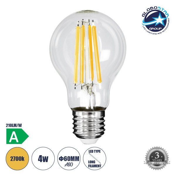 GloboStar® 99083 Λάμπα LED Long Filament E27 A60 Γλόμπος 4W 840lm 360° AC 220-240V IP20 Φ6 x Υ11cm Θερμό Λευκό 2700K με Διάφανο Γυαλί - Pro Series 210lm/W - A Ενεργειακή Κλάση - 3 Χρόνια Εγγύηση