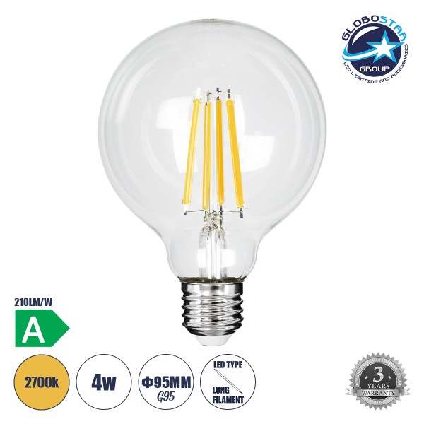 GloboStar® 99084 Λάμπα LED Long Filament E27 G95 Γλόμπος 4W 840lm 360° AC 220-240V IP20 Φ9.5 x Υ13.8cm Θερμό Λευκό 2700K με Διάφανο Γυαλί - Pro Series 210lm/W - A Ενεργειακή Κλάση - 3 Χρόνια Εγγύηση