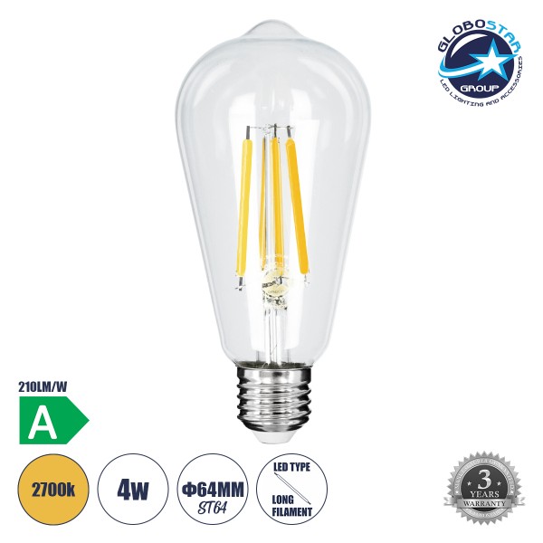 GloboStar® 99086 Λάμπα LED Long Filament E27 ST64 Αχλάδι 4W 840lm 360° AC 220-240V IP20 Φ6.4 x Υ14.5cm Θερμό Λευκό 2700K με Διάφανο Γυαλί - Pro Series 210lm/W - A Ενεργειακή Κλάση - 3 Χρόνια Εγγύηση
