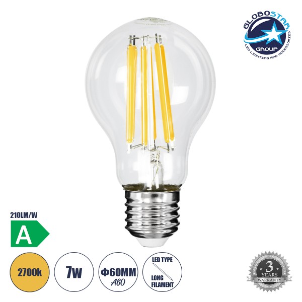 GloboStar® 99087 Λάμπα LED Long Filament E27 A60 Γλόμπος 7W 1470lm 360° AC 220-240V IP20 Φ6 x Υ11cm Θερμό Λευκό 2700K με Διάφανο Γυαλί - Pro Series 210lm/W - A Ενεργειακή Κλάση - 3 Χρόνια Εγγύηση