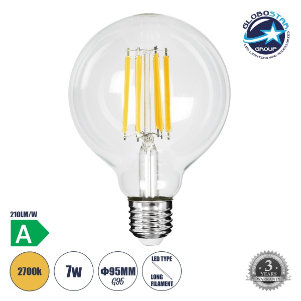 GloboStar® 99088 Λάμπα LED Long Filament E27 G95 Γλόμπος 7W 1470lm 360° AC 220-240V IP20 Φ9.5 x Υ13.8cm Θερμό Λευκό 2700K με Διάφανο Γυαλί - Pro Series 210lm/W - A Ενεργειακή Κλάση - 3 Χρόνια Εγγύηση