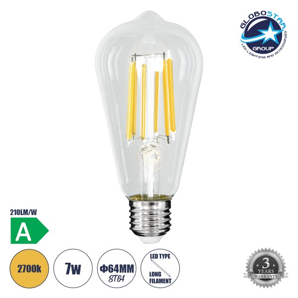 GloboStar® 99090 Λάμπα LED Long Filament E27 ST64 Αχλάδι 7W 1470lm 360° AC 220-240V IP20 Φ6.4 x Υ14.5cm Θερμό Λευκό 2700K με Διάφανο Γυαλί - Pro Series 210lm/W - A Ενεργειακή Κλάση - 3 Χρόνια Εγγύηση