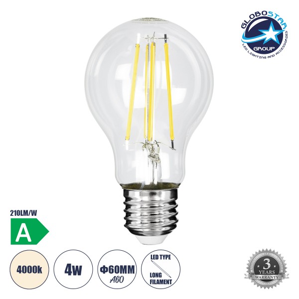 GloboStar® 99091 Λάμπα LED Long Filament E27 A60 Γλόμπος 4W 840lm 360° AC 220-240V IP20 Φ6 x Υ11cm Φυσικό Λευκό 4000K με Διάφανο Γυαλί - Pro Series 210lm/W - A Ενεργειακή Κλάση - 3 Χρόνια Εγγύηση