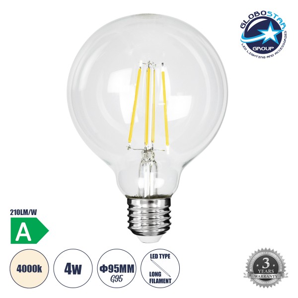 GloboStar® 99092 Λάμπα LED Long Filament E27 G95 Γλόμπος 4W 840lm 360° AC 220-240V IP20 Φ9.5 x Υ13.8cm Φυσικό Λευκό 4000K με Διάφανο Γυαλί - Pro Series 210lm/W - A Ενεργειακή Κλάση - 3 Χρόνια Εγγύηση