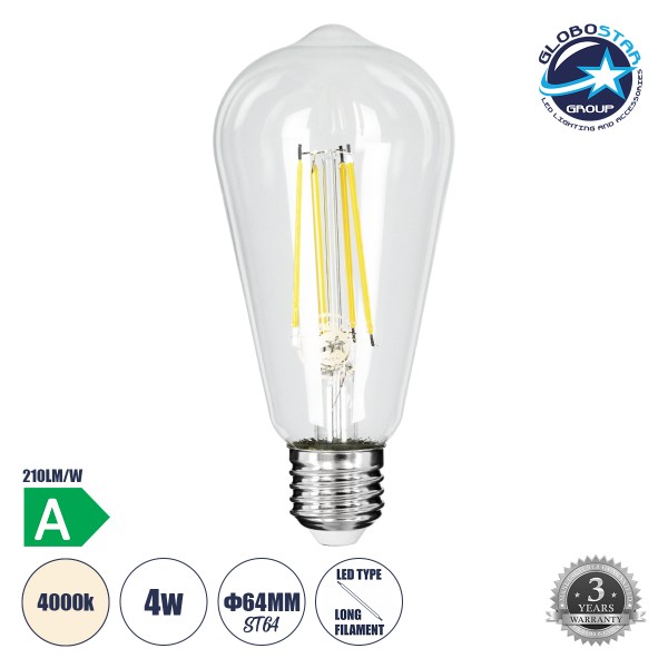 GloboStar® 99094 Λάμπα LED Long Filament E27 ST64 Αχλάδι 4W 840lm 360° AC 220-240V IP20 Φ6.4 x Υ14.5cm Φυσικό Λευκό 4000K με Διάφανο Γυαλί - Pro Series 210lm/W - A Ενεργειακή Κλάση - 3 Χρόνια Εγγύηση