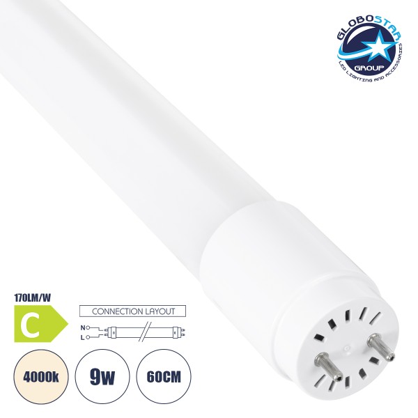 GloboStar® 99100 Λάμπα LED Τύπου Φθορίου Θερμοπλαστική T8 G13 60cm 9W 1530lm 300° AC 220-240V IP20 Φ2.6 x Μ60cm - Φυσικό Λευκό 4000K - Pro Series 170lm/W - C Ενεργειακή Κλάση - 3 Χρόνια Εγγύηση