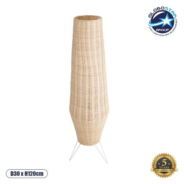 GloboStar® BOLSON 02013 Boho Επιδαπέδιο Φωτιστικό Μονόφωτο 1 x E27 AC220-240V IP20 - Φ30 x Υ120cm - Μπεζ Ξύλινο Μπαμπού Πλέγμα - 5 Χρόνια Εγγύηση