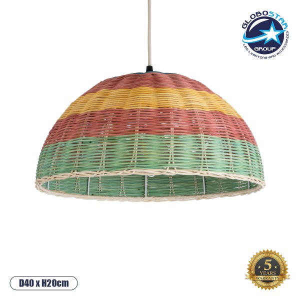 GloboStar® CABALLEROS 02060 Boho Κρεμαστό Φωτιστικό Καμπάνα Μονόφωτο 1 x E27 IP20 Πολύχρωμο Ξύλο - Μ40 x Π40 x Υ20cm