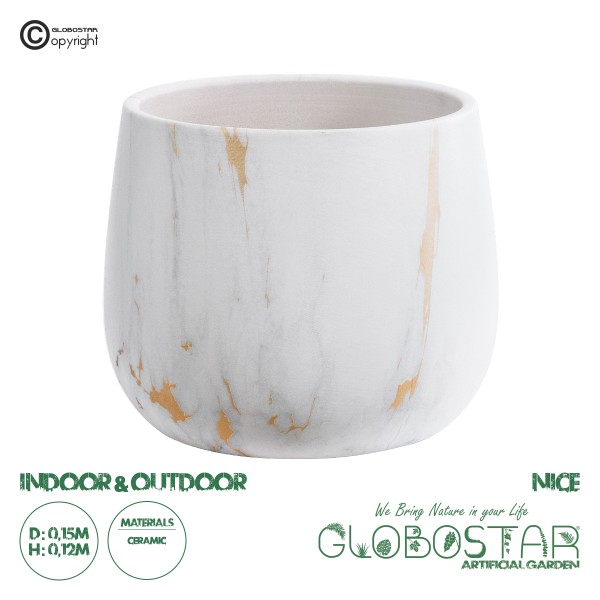 GloboStar® Artificial Garden NICE 20550 Διακοσμητικό Κεραμικό Κασπώ Γλάστρα - Flower Pot Λευκό με Χρυσές Λεπτομέρειες Φ15 x Υ12cm