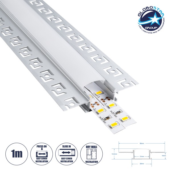 GloboStar® PLASTERBOARD-PROFILE 70819-1M Προφίλ Αλουμινίου - Βάση & Ψύκτρα Ταινίας LED με Λευκό Γαλακτερό Κάλυμμα - Χωνευτή Χρήση σε Γυψοσανίδα - Trimless - Πατητό Κάλυμμα - Ασημί - 1 Μέτρο - Μ100 x Π6.7 x Υ1.4cm