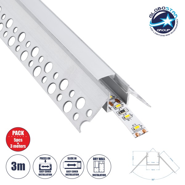 GloboStar® PLASTERBOARD-PROFILE 70821-3M Προφίλ Αλουμινίου - Βάση & Ψύκτρα Ταινίας LED με Λευκό Γαλακτερό Κάλυμμα - Χωνευτή Γωνιακή Χρήση σε Εξωτερική Γωνία Γυψοσανίδας - Trimless - Πατητό Κάλυμμα - Ασημί - 3 Μέτρα - Πακέτο 5 Τεμαχίων - Μ300 x Π4.5 x Υ2cm