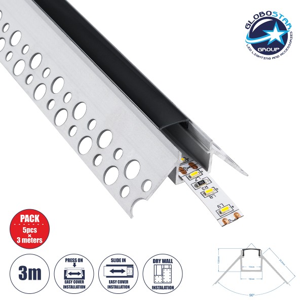GloboStar® PLASTERBOARD-PROFILE 70822-3M Προφίλ Αλουμινίου - Βάση & Ψύκτρα Ταινίας LED με Μαύρο Φιμέ Κάλυμμα - Χωνευτή Γωνιακή Χρήση σε Εξωτερική Γωνία Γυψοσανίδας - Trimless - Πατητό Κάλυμμα - Ασημί - 3 Μέτρα - Πακέτο 5 Τεμαχίων - Μ300 x Π4.5 x Υ2cm