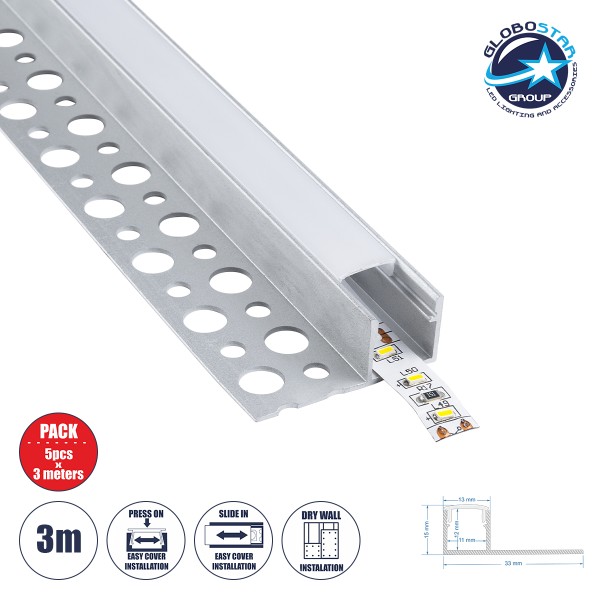 GLOBOSTAR® ALP-PLASTERIN GYPSO 70834-3M Χωνευτό Τερματικό Προφίλ Αλουμινίου Ειδικό για Γυψοσανίδα με Λευκό Γαλακτερό Πατητό Κάλυμμα για Ταινίες LED IP20 - Ασημί & Λευκό - Μ300 x Π3.3 x Υ1.5cm - Πακέτο 5 Τεμαχίων