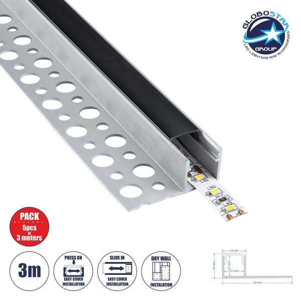 GloboStar® PLASTERBOARD-PROFILE 70835-3M Προφίλ Αλουμινίου - Βάση & Ψύκτρα Ταινίας LED με Μαύρο Φιμέ Κάλυμμα - Χωνευτή Τερματική Χρήση σε Τελείωμα Γυψοσανίδας ή σε Πλακάκι - Trimless - Πατητό Κάλυμμα - Ασημί - 3 Μέτρα - Πακέτο 5 Τεμαχίων - Μ300 x Π3.1 x Υ