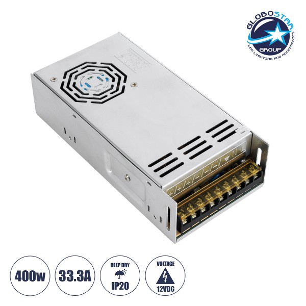 GloboStar® 73037 Μεταλλικό Τροφοδοτικό PELV για Προϊόντα LED 400W 33.3A - AC 220-240V σε DC 12V - IP20 - Μ20 x Π10 x Υ5cm - 3 Χρόνια Εγγύηση