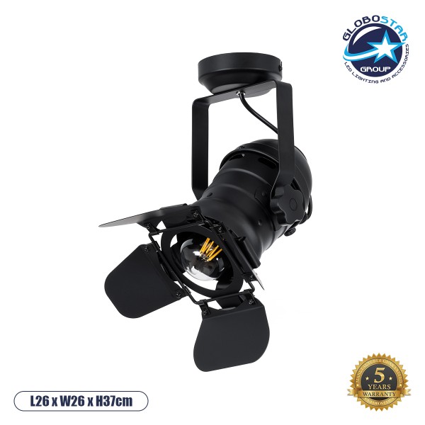 GloboStar® DETROIT 01372 Vintage Φωτιστικό Οροφής Σποτ Μονόφωτο 1 x E27 IP20 Μαύρο Μέταλλο - Μ26 x Π26 x Υ37cm