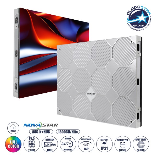 GLOBOSTAR® 41004 LED Επαγγελματικό Video Wall Display Cabinet - Οθόνη LED 64x48cm - P2.5 Pro 3840Hz High Refresh Rate - Density 49152 Dots - 140W Nits ≥1800cd/㎡ AC 100-240V - Kinglight SMD2121 Full Color S1/32 14Bits - Κάρτα NovaStar A8S-N+HUB - CZCL PSU 